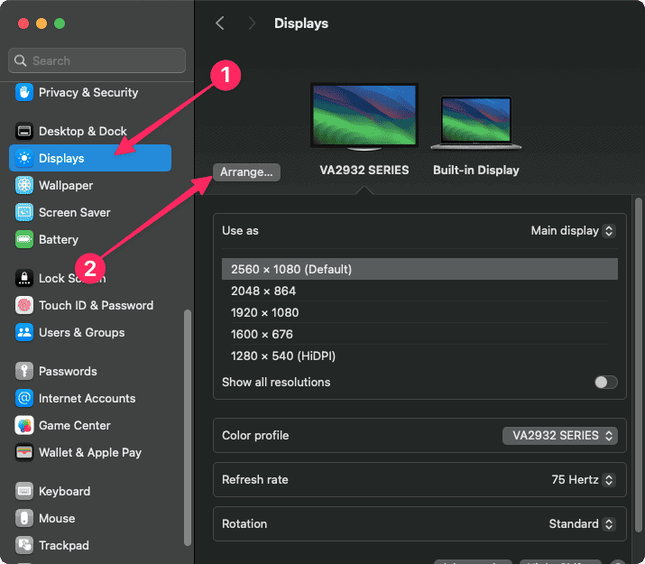 Going display arrange macos system settings