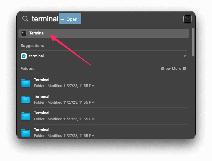 
Opening terminal spotlight search macos