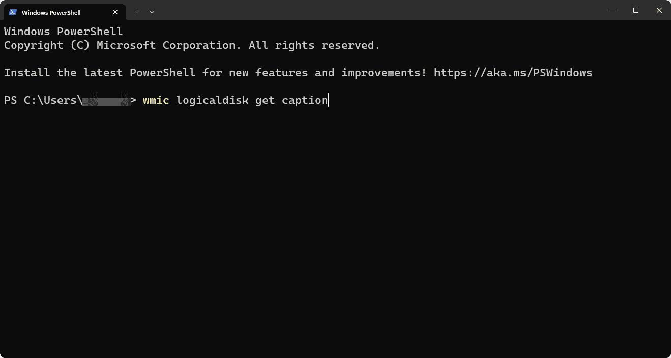 Wmic logicaldisk get caption command windows terminal