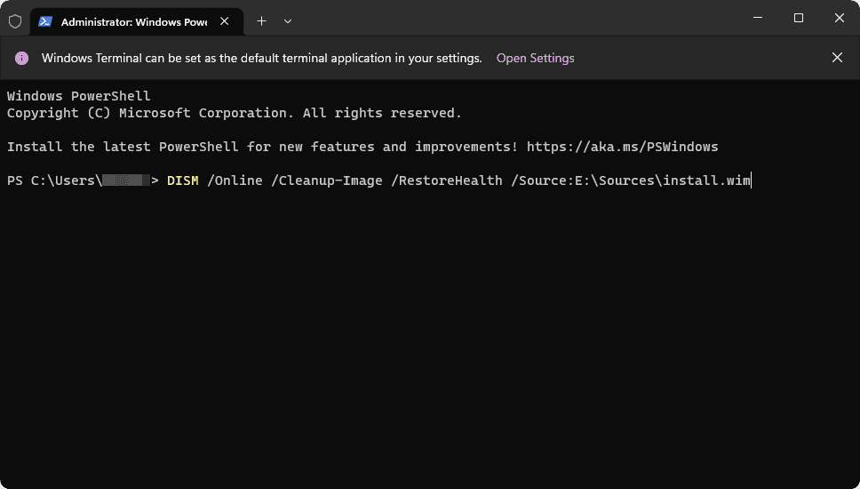 DISM Online Cleanup Image RestoreHealth SourceESourcesinstall.wim terminal