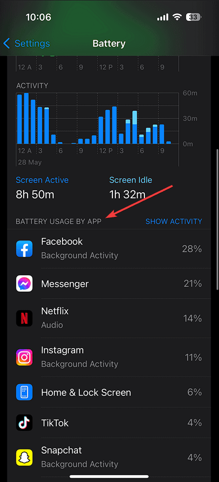 app battery usage time iphone