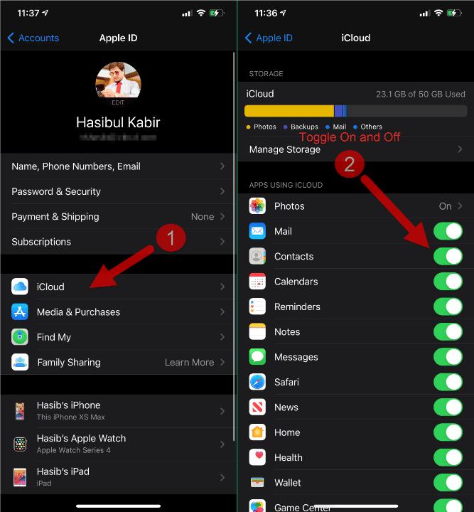 Toggle On Off Icloud Contact Sync