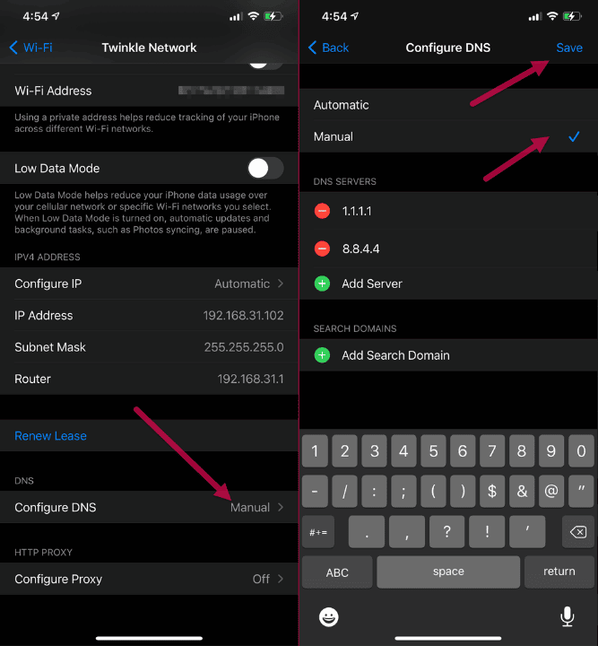 change wifi dns iphone