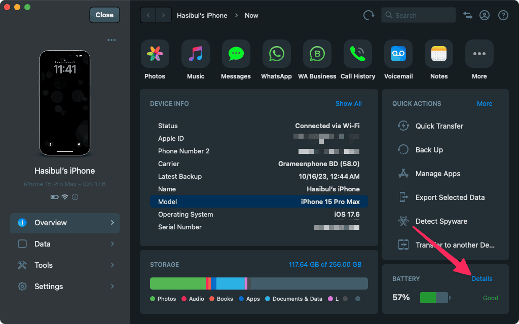 Clicking details for iphone ipad battery imazing