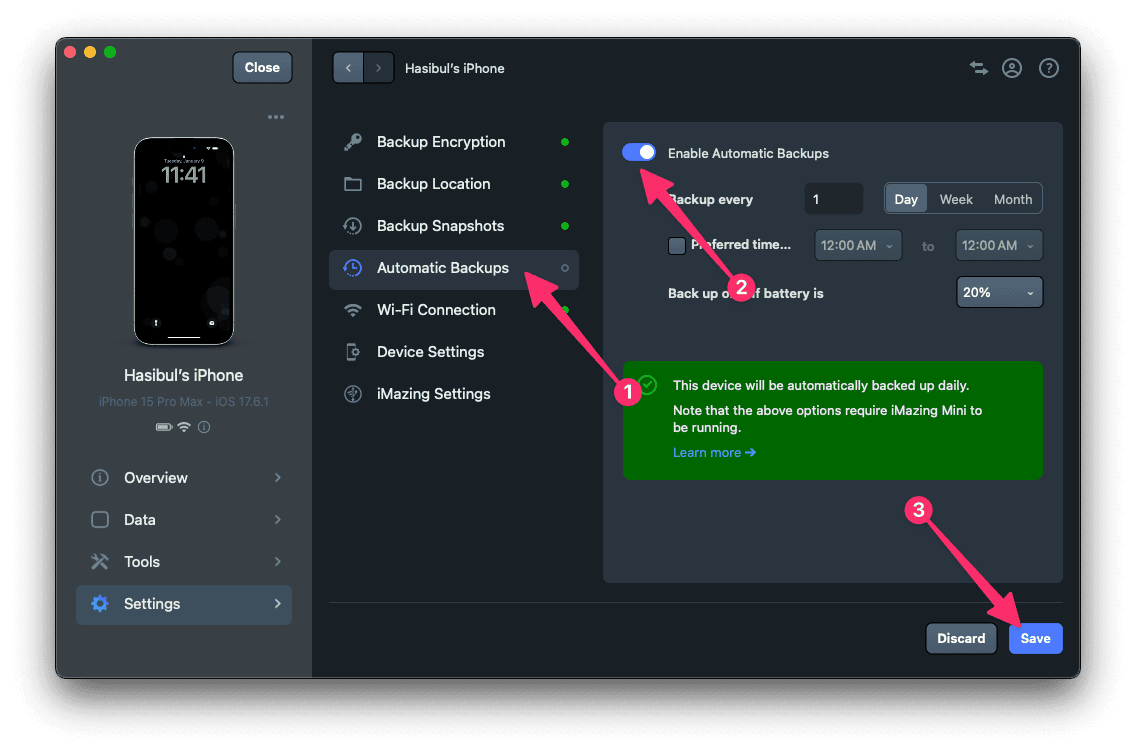 Configuring automatic backup imazing