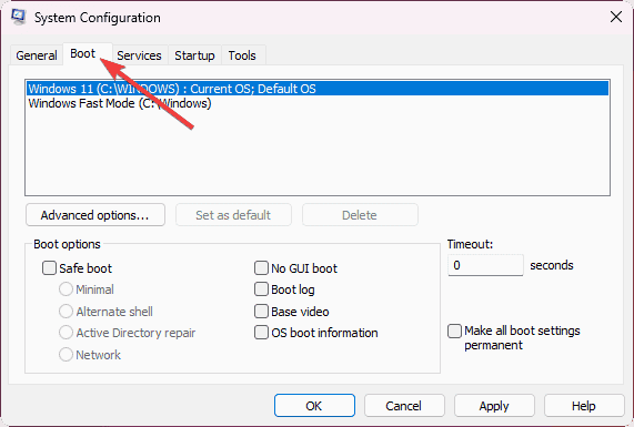 going to boot tab on system configuration window