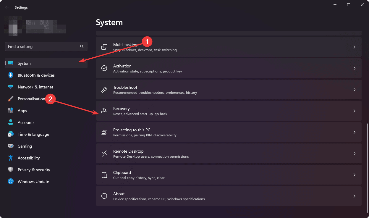 going to recovery option on settings app