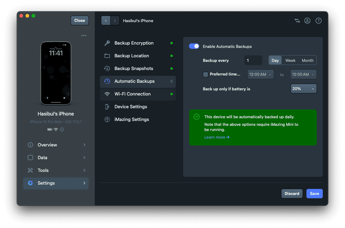 imazing automatic backup configure