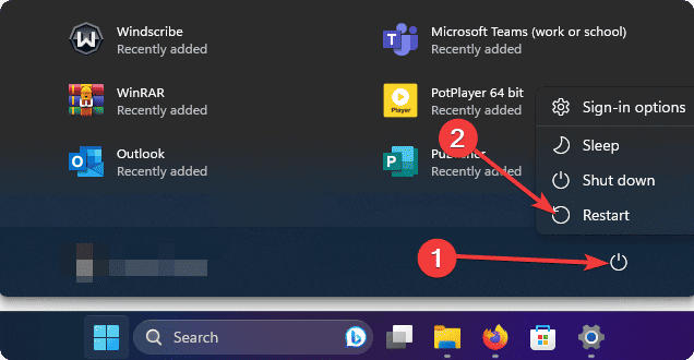 selecting restart from power icon