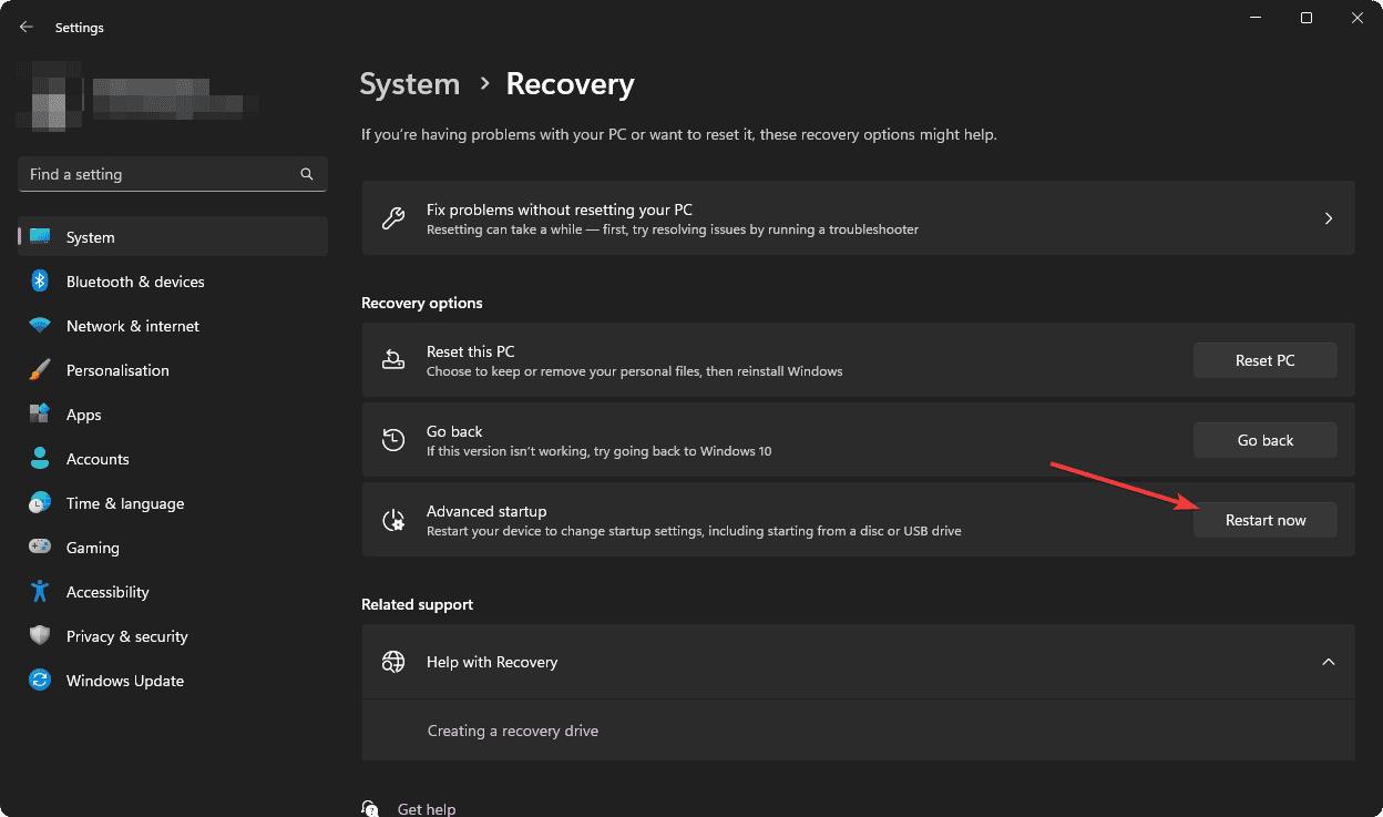 selecting restart now on advance startup Windows 11