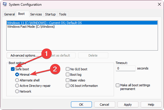 selecting safe boot and minimal in system configuration