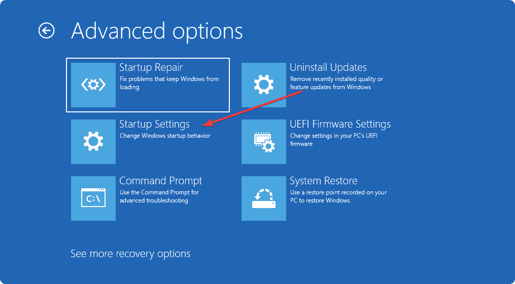 Selecting startup settings in recovery mode