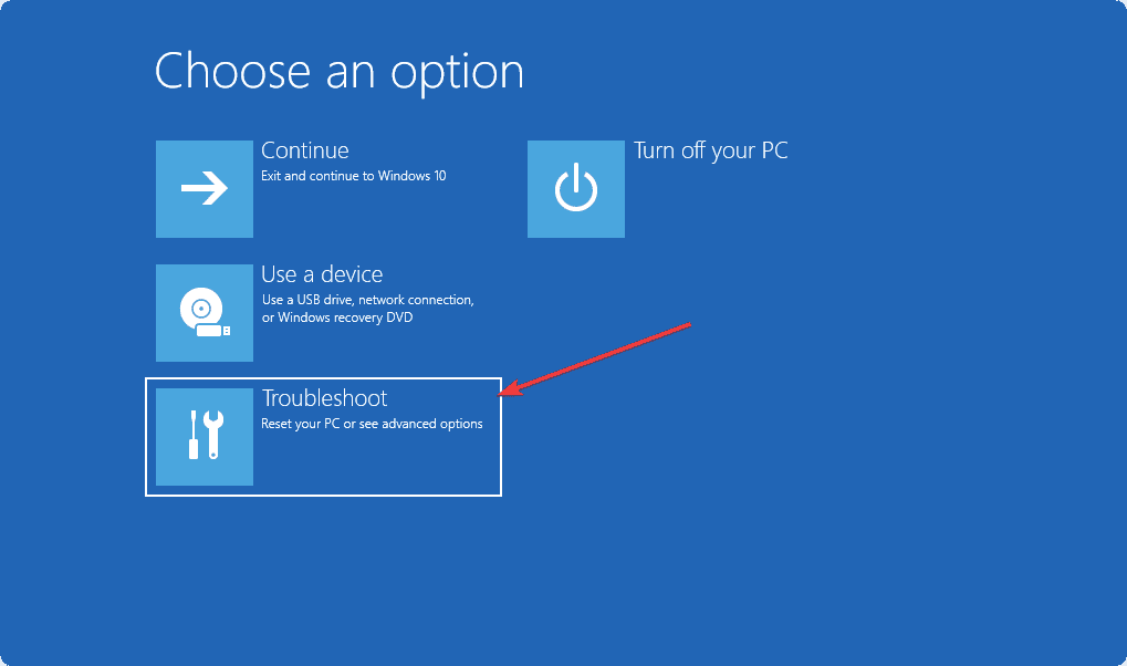 Selecting troubleshoot in recovery mode